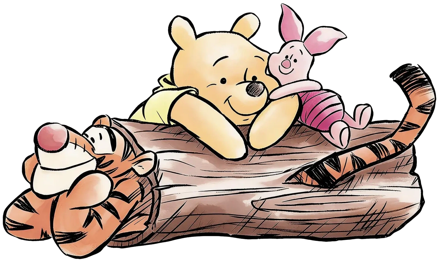 Pooh, Piglet and Tigger relaxing together on a log
