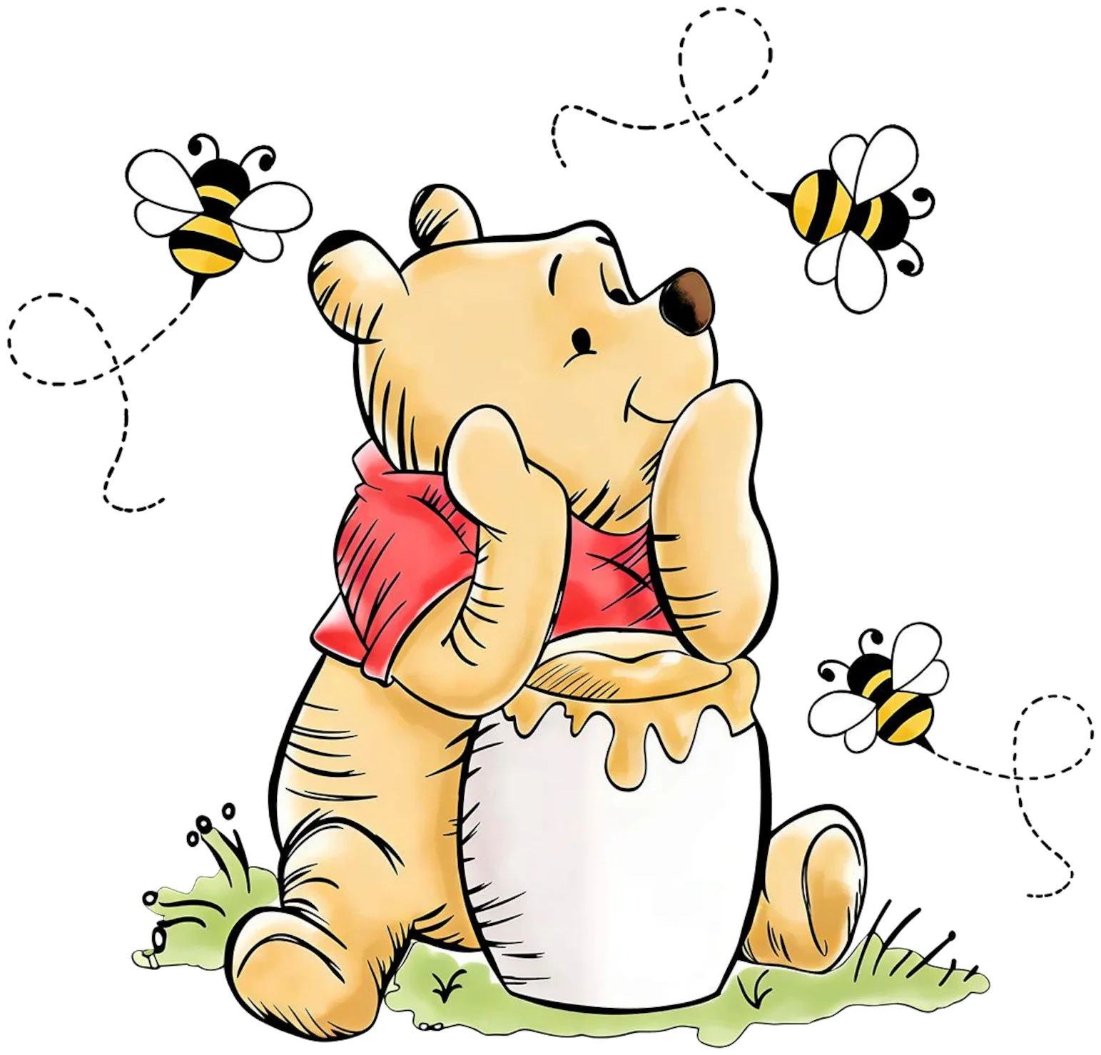 Pooh enjoying a pot of honey while bees buzz nearby